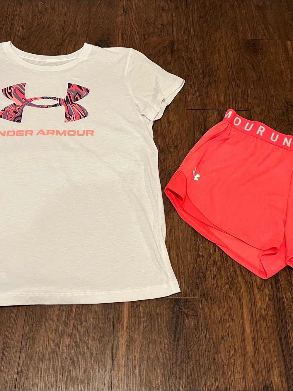 Under Armour White Tee with Pink Swirl Logo & Coral Shorts set